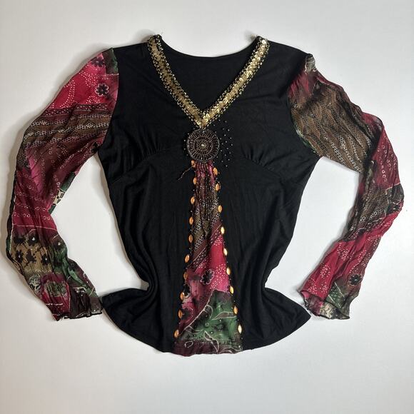 Boho Whimsigoth Sequin Beaded Medallion Top Festival Witchy Gypsy Fairycore M - Picture 3 of 16